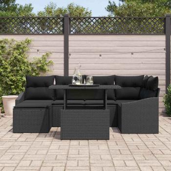 7-teiliges Garten Sofa Set mit Kissen Schwarzes Poly Rattan