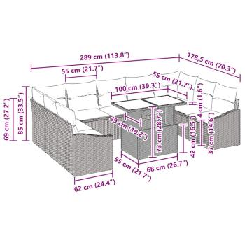 10-teiliges Garten Sofaset mit Kissen Grau Poly Rattan