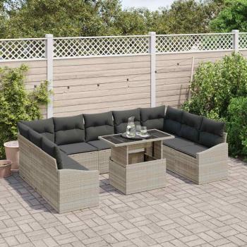 10-teiliges Garten Sofa Set mit Kissen in Hellgrau Poly-Rattan