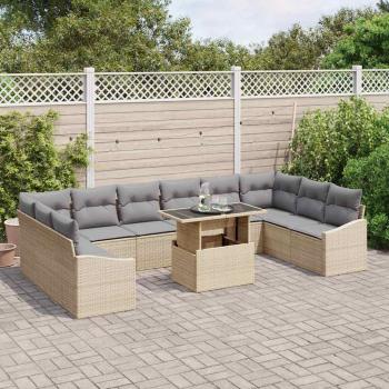 11-teiliges Garten-Sofa-Set mit Kissen Beige Poly Rattan