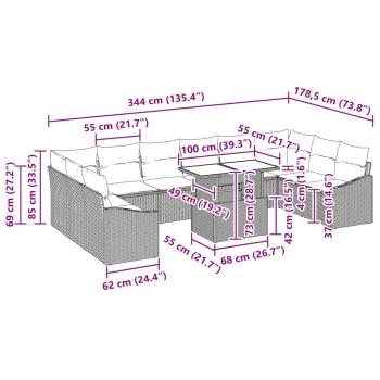 11-teiliges Garten-Sofa-Set mit Kissen aus hellgrauem Poly-Rattan
