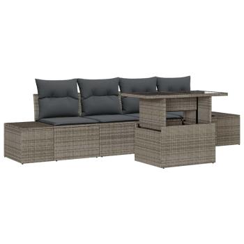5-teiliges Garten-Sofa-Set mit Kissen Grau Poly Rattan