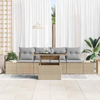 5-teiliges Garten-Sofa-Set mit Kissen - Beiges Poly-Rattan