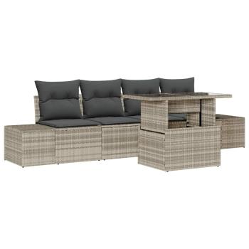 5-teiliges Garten Sofa Set mit Kissen Hellgrau Poly Rattan