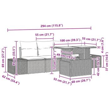 5-teiliges Garten Sofa Set mit Kissen Hellgrau Poly Rattan