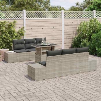 7-teiliges Garten-Sofa-Set mit Kissen in Hellgrauem Poly-Rattan