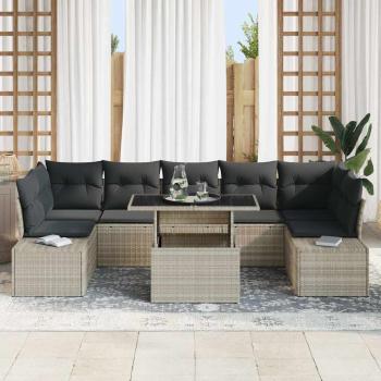 8-teiliges Garten Sofa Set mit Kissen Hellgrau Poly-Rattan