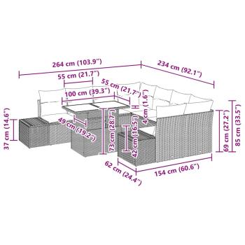 9-teiliges Garten Sofa Set mit Kissen in Hellgrau aus Poly Rattan