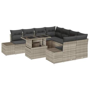 9-teiliges Garten Sofa Set mit Kissen in Hellgrau aus Poly Rattan