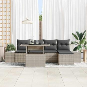 6-teiliges Garten-Sofa-Set mit Kissen in Hellgrau aus Poly-Rattan