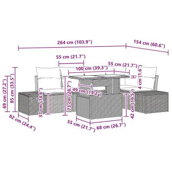 6-teiliges Garten Sofa Set mit Kissen Grau Poly Rattan