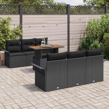 7-teiliges Garten Sofa Set mit Kissen Schwarz Poly Rattan Akazie