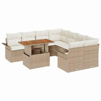 9-teiliges Garten Sofa Set mit Kissen Beige Poly Rattan Akazie