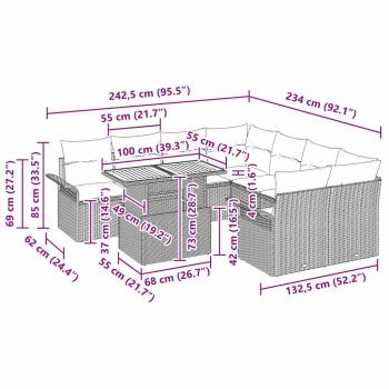 9-teiliges Garten Sofa Set mit Kissen Schwarz Poly Rattan Akazie