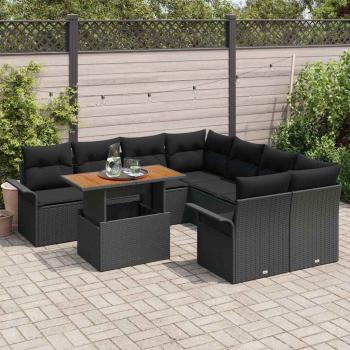 9-teiliges Garten Sofa Set mit Kissen Schwarz Poly Rattan Akazie