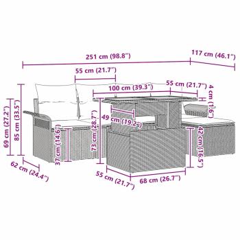 6-teiliges Garten-Esstischset mit Kissen Schwarz Poly Rattan Akazie