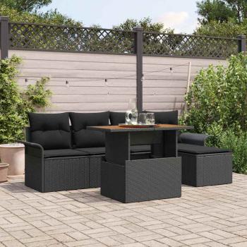 ARDEBO.de - 6-teiliges Garten-Essset mit Kissen Schwarz Poly Rattan Akazie