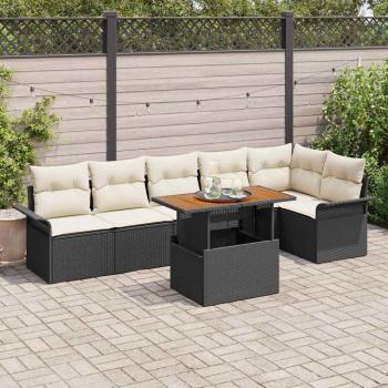 ARDEBO.de - 7-teiliges Garten Ess Set mit Kissen Schwarz Poly Rattan Akazie