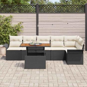 7-teiliges Garten Ess Set mit Kissen Schwarz Poly Rattan Akazie