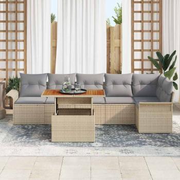 7-teiliges Garten-Dining-Set mit Kissen Beige Poly-Rattan Akazie