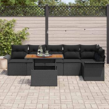 7-teiliges Garten Essset mit Kissen Schwarz Poly Rattan Akazie