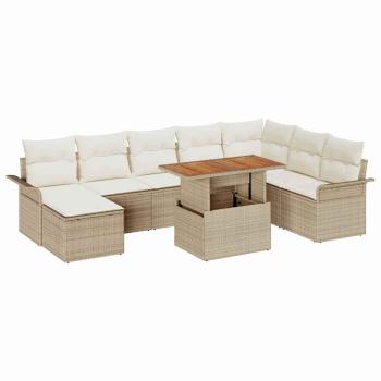 ARDEBO.de - 9-teiliges Garten Esszimmer Set mit Kissen Beige Poly Rattan Akazie