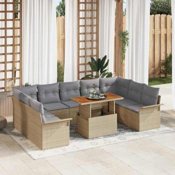 ARDEBO.de - 10-teiliges Garten Esszimmer Set mit Kissen Beige Poly Rattan Akazie