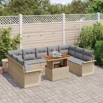10-teiliges Garten Esszimmer Set mit Kissen Beige Poly Rattan Akazie