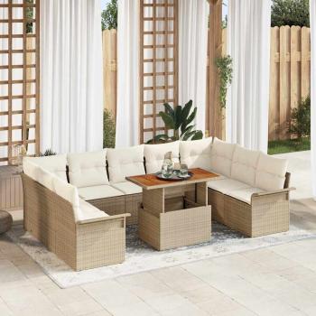 ARDEBO.de - 10-teilige Garten Essgruppe mit Kissen Beige Poly Rattan Akazie