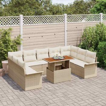 10-teilige Garten Essgruppe mit Kissen Beige Poly Rattan Akazie
