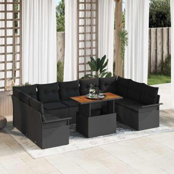 ARDEBO.de - 10-teilige Garten Essgruppe mit Kissen Schwarz Poly Rattan Akazie
