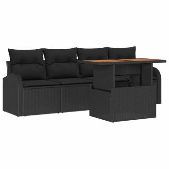 5-teiliges Garten-Ess-Set mit Kissen Schwarz Poly-Rattan Akazie