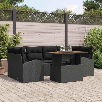 ARDEBO.de - 7-teiliges Garten Essset mit Kissen Schwarz Poly Rattan Akazie