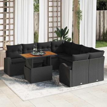 ARDEBO.de - 9-teilige Garten-Essgruppe mit Kissen Schwarzes Poly Rattan Akazie