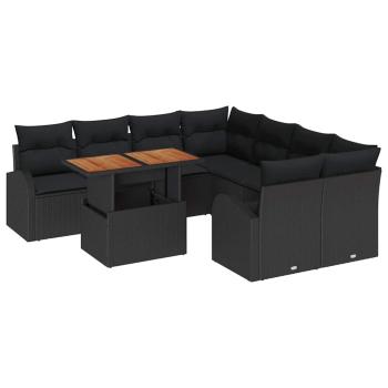 9-teilige Garten-Essgruppe mit Kissen Schwarzes Poly Rattan Akazie