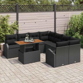 9-teilige Garten-Essgruppe mit Kissen Schwarzes Poly Rattan Akazie