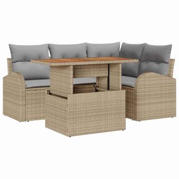 5-teiliges Garten Essset mit Kissen Beige Poly Rattan Akazie