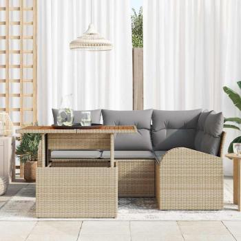 5-teiliges Garten Essset mit Kissen Beige Poly Rattan Akazie