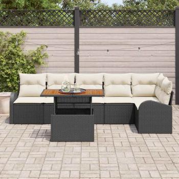 7-teiliges Garten Essset mit Kissen Schwarz Poly Rattan Akazie