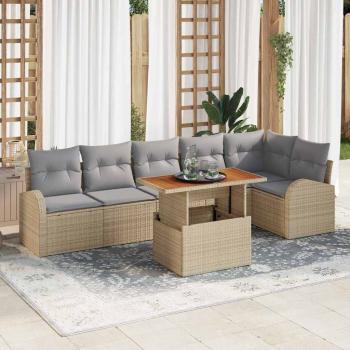 ARDEBO.de - 7-teiliges Garten Essset mit Kissen Beige Poly Rattan Akazie