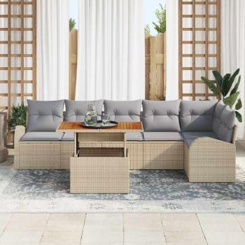 7-teiliges Garten Essset mit Kissen Beige Poly Rattan Akazie