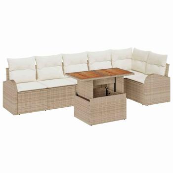 7-teiliges Garten Esstisch Set mit Kissen Beige Poly-Rattan Akazie
