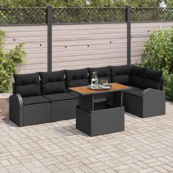 ARDEBO.de - 7-teiliges Garten Essset mit Kissen Schwarz Poly Rattan Akazie