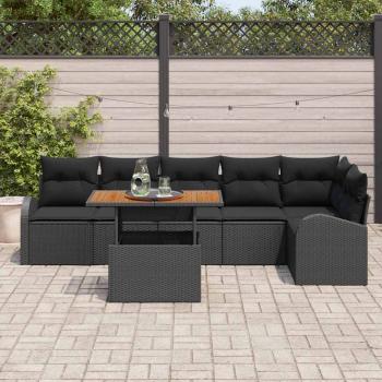 7-teiliges Garten Essset mit Kissen Schwarz Poly Rattan Akazie