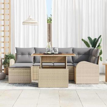 7-teiliges Garten Esszimmer Set mit Kissen Beige Poly Rattan Akazie
