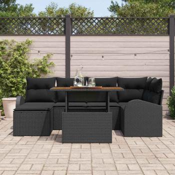 7-teiliges Garten Essset mit Kissen Schwarz Poly Rattan Akazie