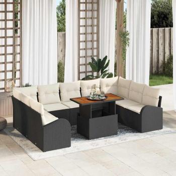 ARDEBO.de - 10-teiliges Gartentischset mit Kissen Schwarz Poly Rattan Akazie