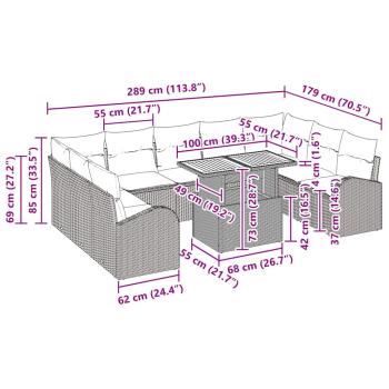 10-teiliges Gartentischset mit Kissen Schwarz Poly Rattan Akazie