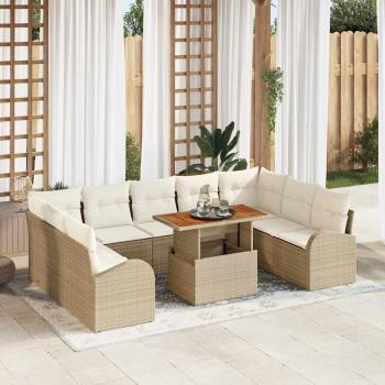 ARDEBO.de - 10-teiliges Garten Essset mit Kissen beige Poly Rattan Akazie