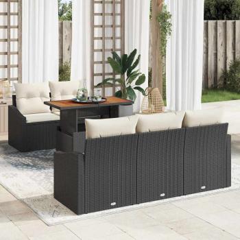 ARDEBO.de - 6-teiliges Garten-Essen Set mit Kissen Schwarz Poly Rattan Akazie